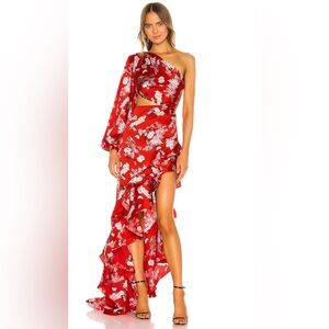 Bronx and Banco Red Floral One-Shoulder Asymmetrical Ruffle Dress